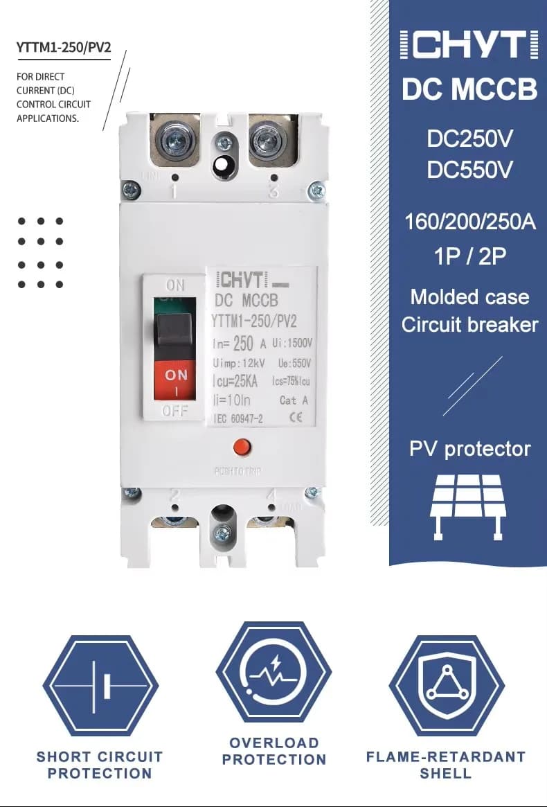 Siguranță Automată MCCB DC 200A, 500V DC (Disjunctor carcasă turnată panouri fotovoltaice / baterii)