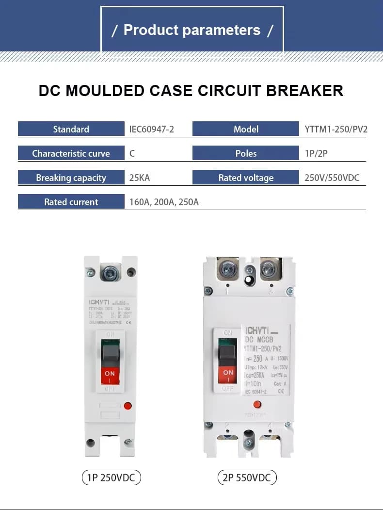 Siguranță Automată MCCB DC 200A, 500V DC (Disjunctor carcasă turnată panouri fotovoltaice / baterii) - poza 3